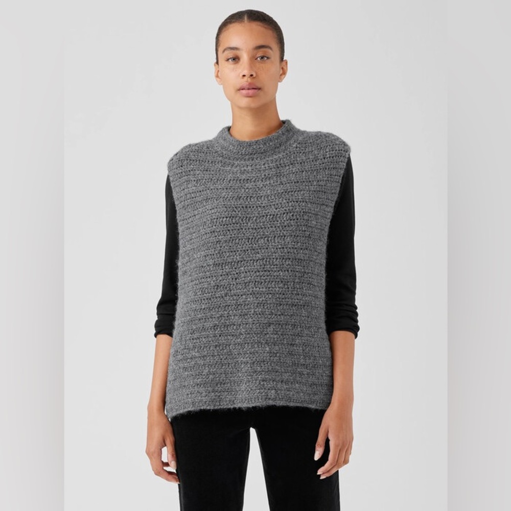 Eileen Fisher Peruvian Alpaca Crochet Mock Neck Top Gray XL